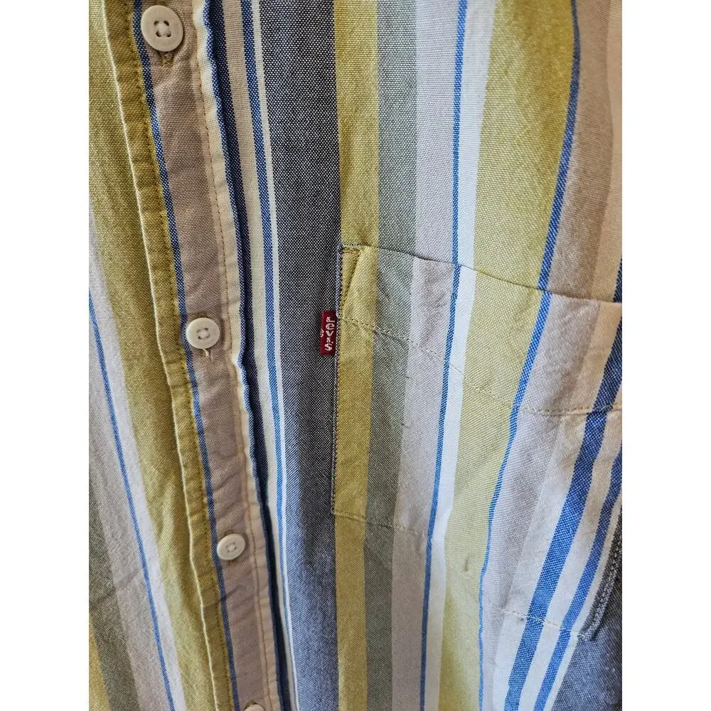 Levi's Button Up Stripes Short Sleeve Shirt Yellow White Blue Large